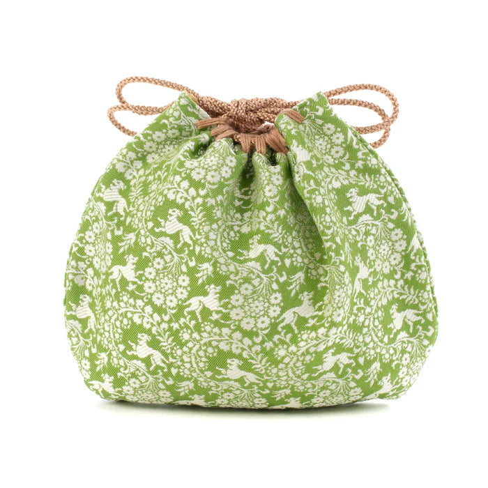 Nishijin-ori Small Drawstring Bag - Flower and Dog / Khaki Green -, Made in Kyoto, Japan, Japanese traditional craft purse