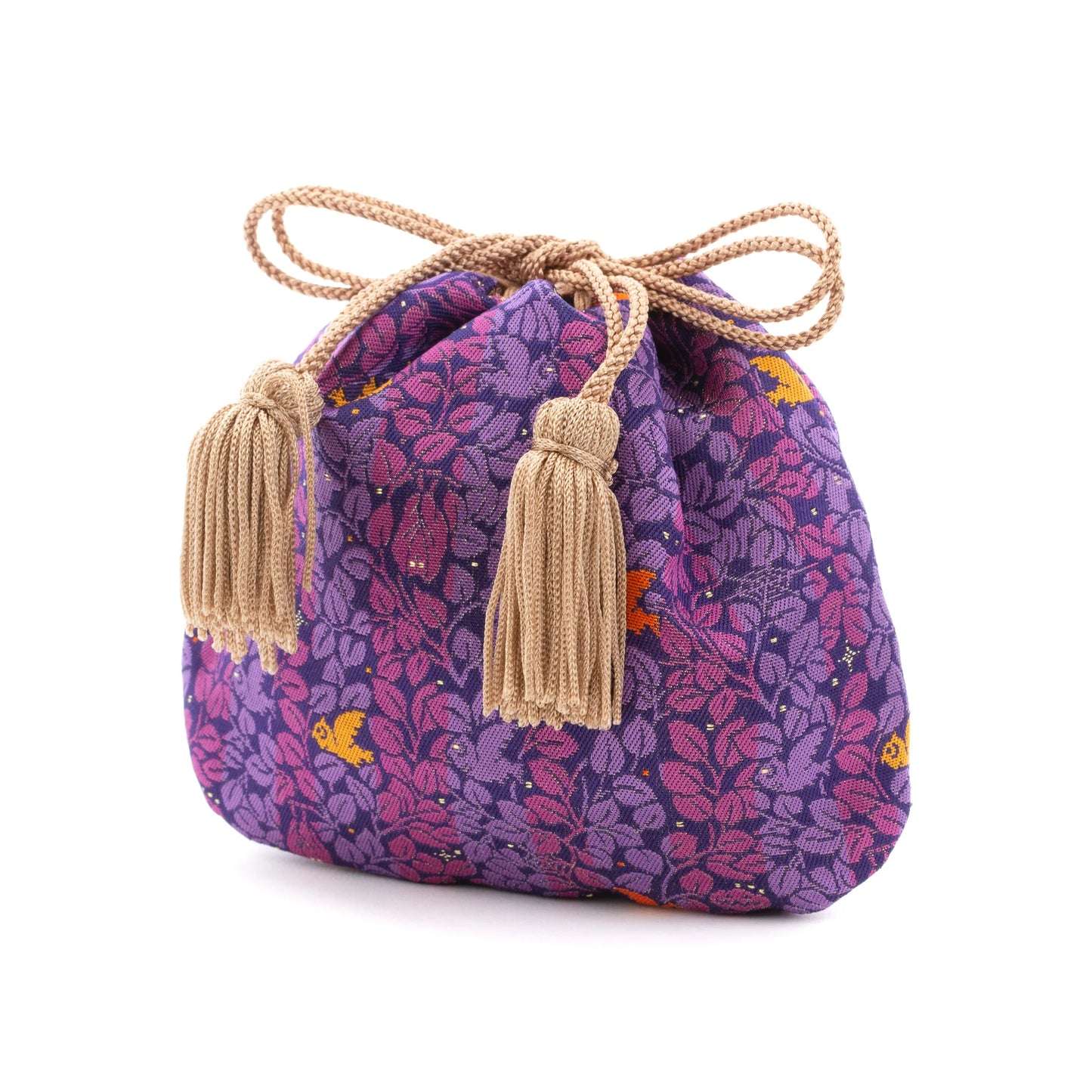 Nishijin-ori Small Drawstring Bag - Awl, hidden Bat and Cat -, Made in Kyoto, Japan, Japanese traditional craft purse