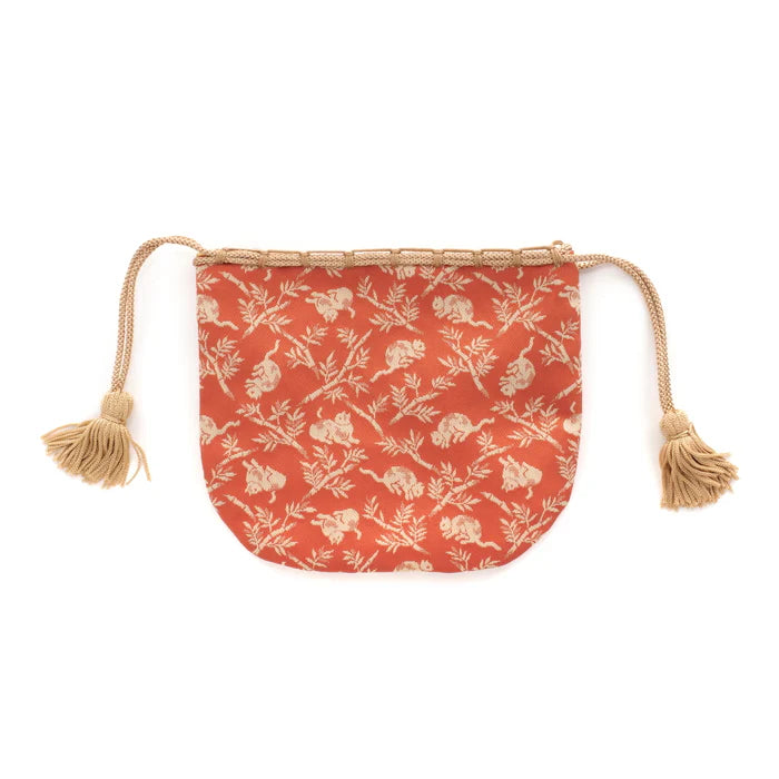 Nishijin-ori Small Drawstring Bag - Bamboo Groves and Cats / Rose -, Made in Kyoto, Japan, Japanese traditional craft purse