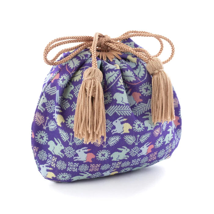 Nishijin-ori Small Drawstring Bag - Flower and Rabbit / Lapis Lazuli -, Made in Kyoto, Japan, Japanese traditional craft purse