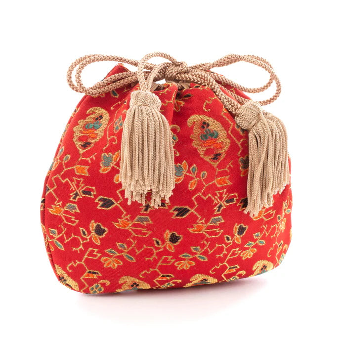 Nishijin-ori Small Drawstring Bag - Flower, Fruit, and Tree / Red -, Made in Kyoto, Japan, Japanese traditional craft purse