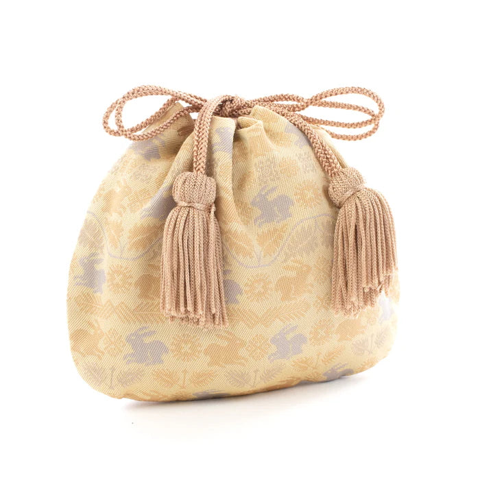 Nishijin-ori Small Drawstring Bag - Flower and Rabbit / Cream Yellow -, Made in Kyoto, Japan, Japanese traditional craft purse