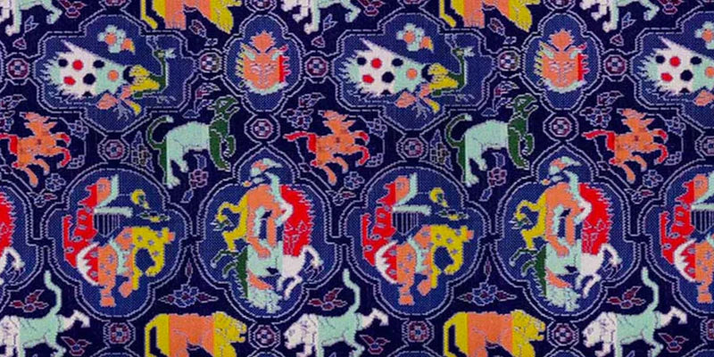 Nishijin-ori Small Drawstring Bag - Biting Lions, Birds, and Miscellaneous Animal / Navy Blue -, Made in Kyoto, Japan, Japanese traditional craft purse