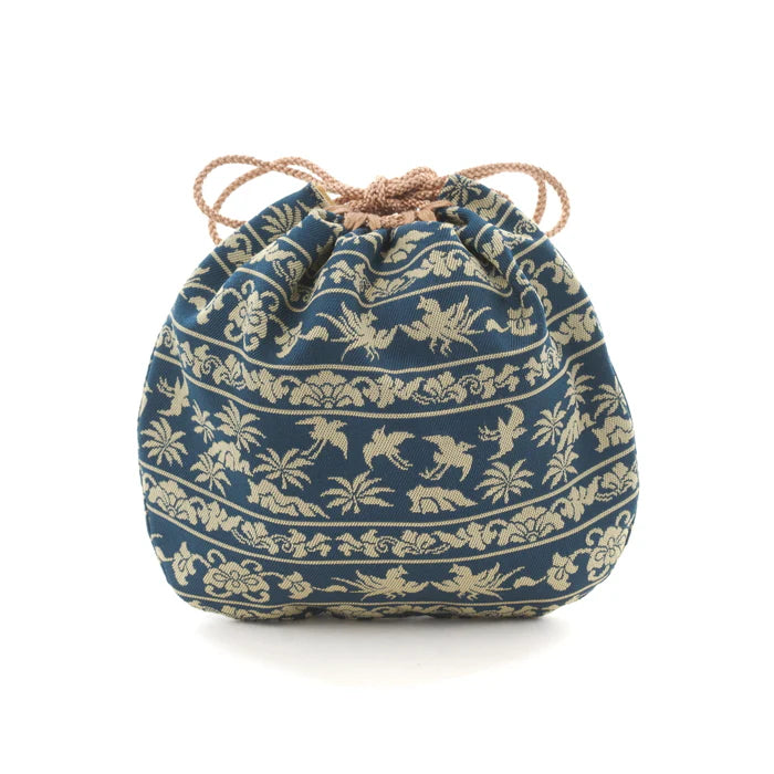 Nishijin-ori Small Drawstring Bag - Bird / Navy Blue -, Made in Kyoto, Japan, Japanese traditional craft purse