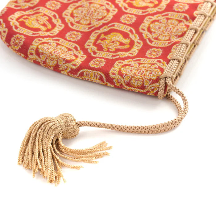 Nishijin-ori Small Drawstring Bag - Cock and Flower / Red -, Made in Kyoto, Japan, Japanese traditional craft purse