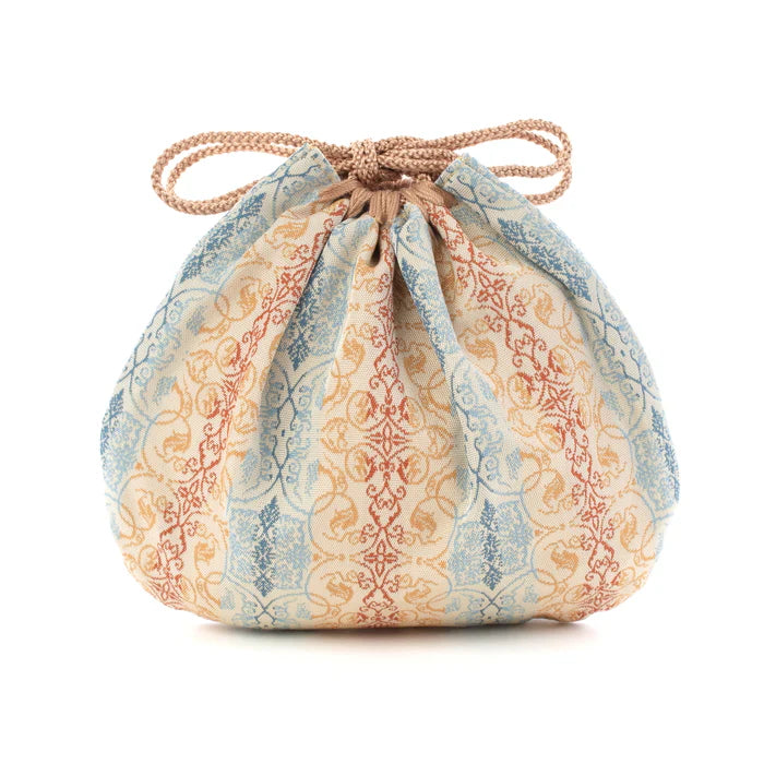 Nishijin-ori Small Drawstring Bag - Grapevine / Brown and Blue -, Made in Kyoto, Japan, Japanese traditional craft purse