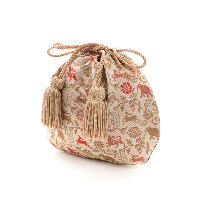 Nishijin-ori Small Drawstring Bag - Tiger / Cream -, Made in Kyoto, Japan, Japanese traditional craft purse