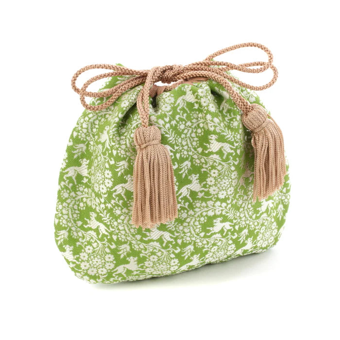 Nishijin-ori Small Drawstring Bag - Flower and Dog / Khaki Green -, Made in Kyoto, Japan, Japanese traditional craft purse