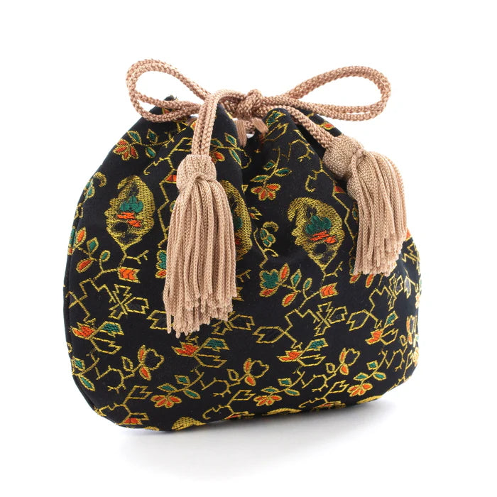 Nishijin-ori Small Drawstring Bag - Flower, Fruit, and Tree / Black -, Made in Kyoto, Japan, Japanese traditional craft purse