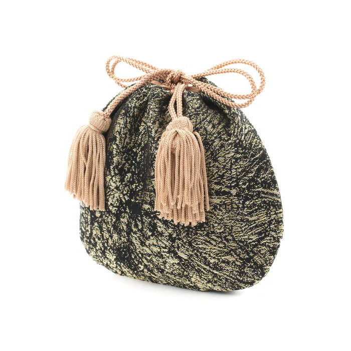 Nishijin-ori Small Drawstring Bag - Crumpled Pattern / Gold and Black -, Made in Kyoto, Japan, Japanese traditional craft purse