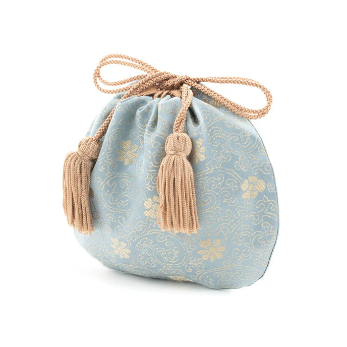Nishijin-ori Small Drawstring Bag - Chrysanthemum and Peony Flowers / Blue -, Made in Kyoto, Japan, Japanese traditional craft purse
