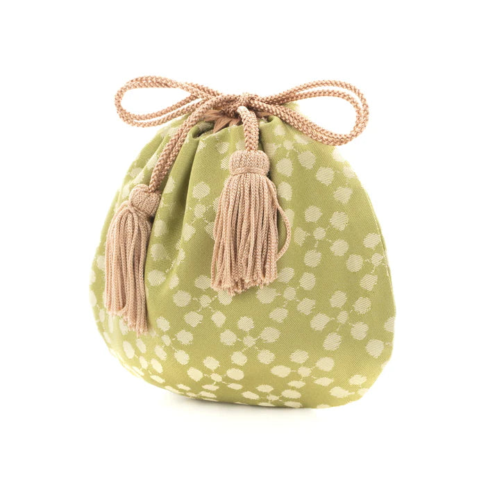 Nishijin-ori Small Drawstring Bag - Plum Blossom / Muted Greenish Yellow -, Made in Kyoto, Japan, Japanese traditional craft purse