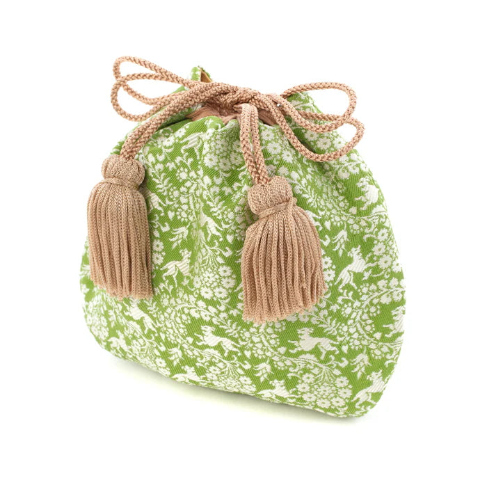 Nishijin-ori Small Drawstring Bag - Flower and Dog / Khaki Green -, Made in Kyoto, Japan, Japanese traditional craft purse