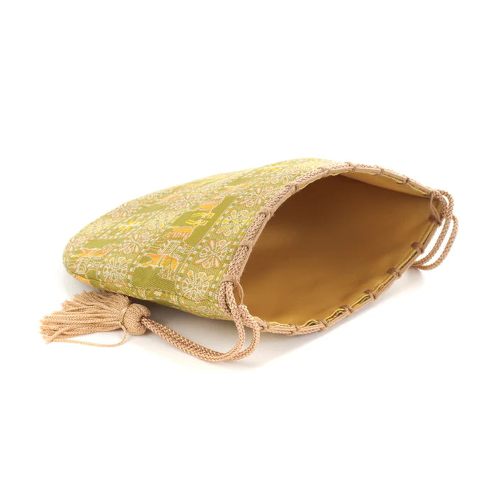 Nishijin-ori Small Drawstring Bag - Horse / Green -, Made in Kyoto, Japan, Japanese traditional craft purse