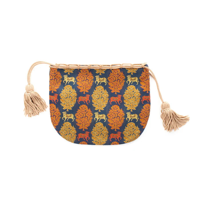 Nishijin-ori Small Drawstring Bag - Bull / Navy Blue -, Made in Kyoto, Japan, Japanese traditional craft purse