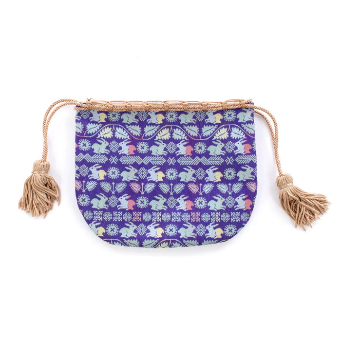 Nishijin-ori Small Drawstring Bag - Flower and Rabbit / Lapis Lazuli -, Made in Kyoto, Japan, Japanese traditional craft purse