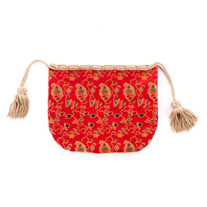 Nishijin-ori Small Drawstring Bag - Flower, Fruit, and Tree / Red -, Made in Kyoto, Japan, Japanese traditional craft purse