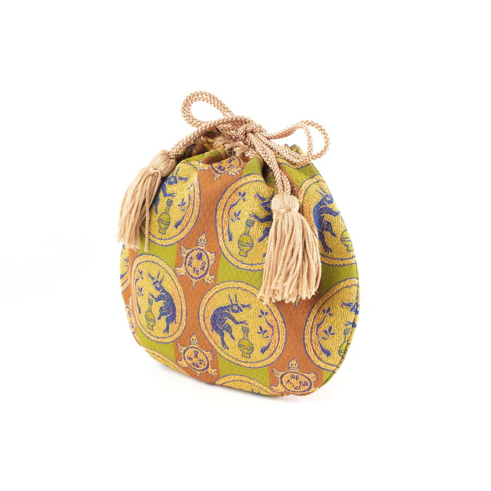 Nishijin-ori Small Drawstring Bag - Rabbit / Brown -, Made in Kyoto, Japan, Japanese traditional craft purse