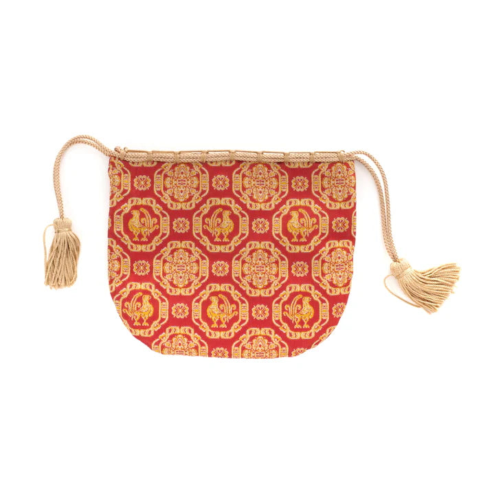 Nishijin-ori Small Drawstring Bag - Cock and Flower / Red -, Made in Kyoto, Japan, Japanese traditional craft purse