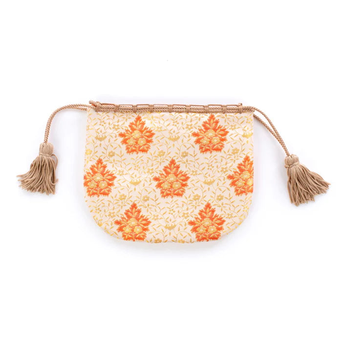 Nishijin-ori Small Drawstring Bag - Flower and Arabesque Pattern / White -, Made in Kyoto, Japan, Japanese traditional craft purse