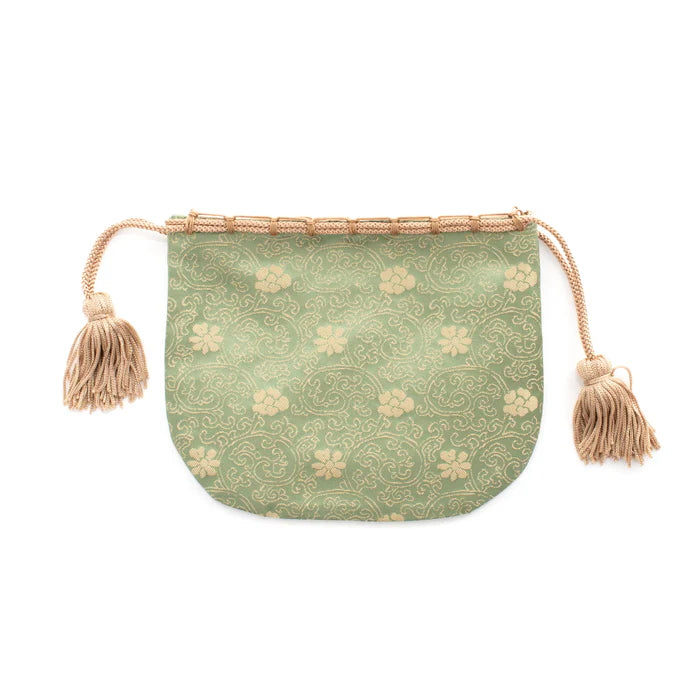 Nishijin-ori Small Drawstring Bag - Chrysanthemum and Peony Flowers / Green -, Made in Kyoto, Japan, Japanese traditional craft purse