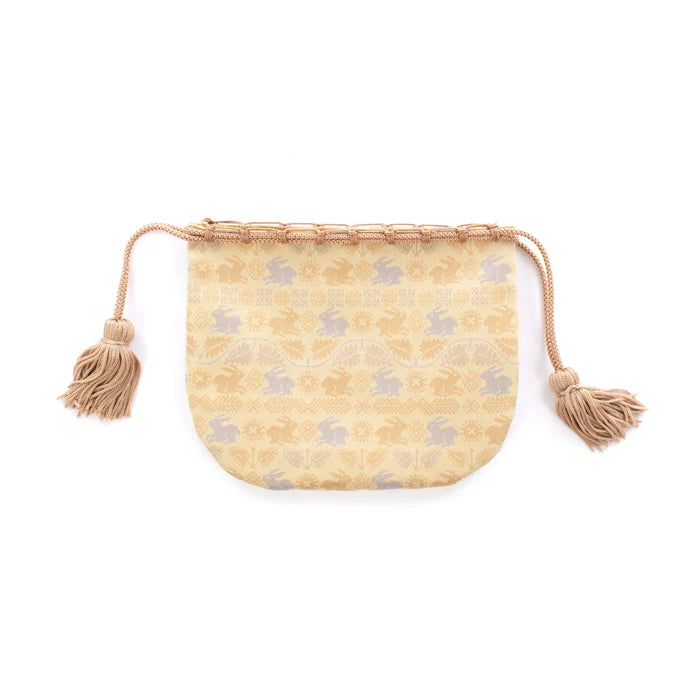 Nishijin-ori Small Drawstring Bag - Flower and Rabbit / Cream Yellow -, Made in Kyoto, Japan, Japanese traditional craft purse