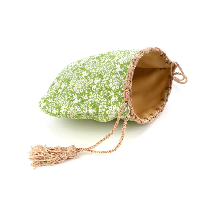 Nishijin-ori Small Drawstring Bag - Flower and Dog / Khaki Green -, Made in Kyoto, Japan, Japanese traditional craft purse