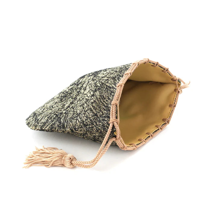 Nishijin-ori Small Drawstring Bag - Crumpled Pattern / Gold and Black -, Made in Kyoto, Japan, Japanese traditional craft purse