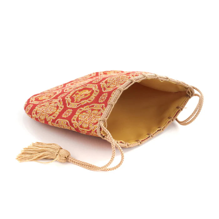 Nishijin-ori Small Drawstring Bag - Cock and Flower / Red -, Made in Kyoto, Japan, Japanese traditional craft purse