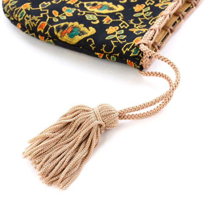 Nishijin-ori Small Drawstring Bag - Flower, Fruit, and Tree / Black -, Made in Kyoto, Japan, Japanese traditional craft purse