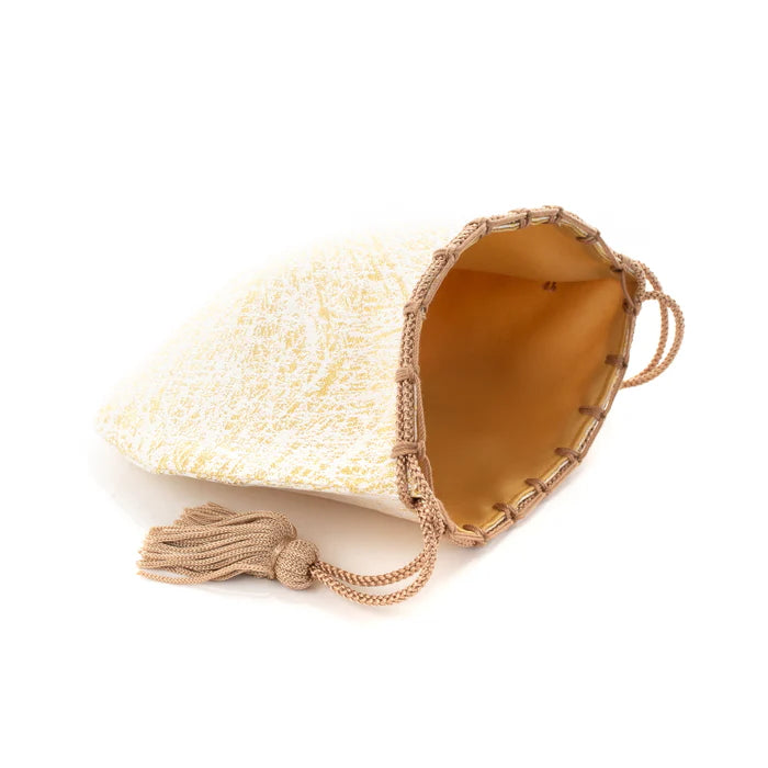 Nishijin-ori Small Drawstring Bag - Crumpled Pattern / Gold and White -, Made in Kyoto, Japan, Japanese traditional craft purse