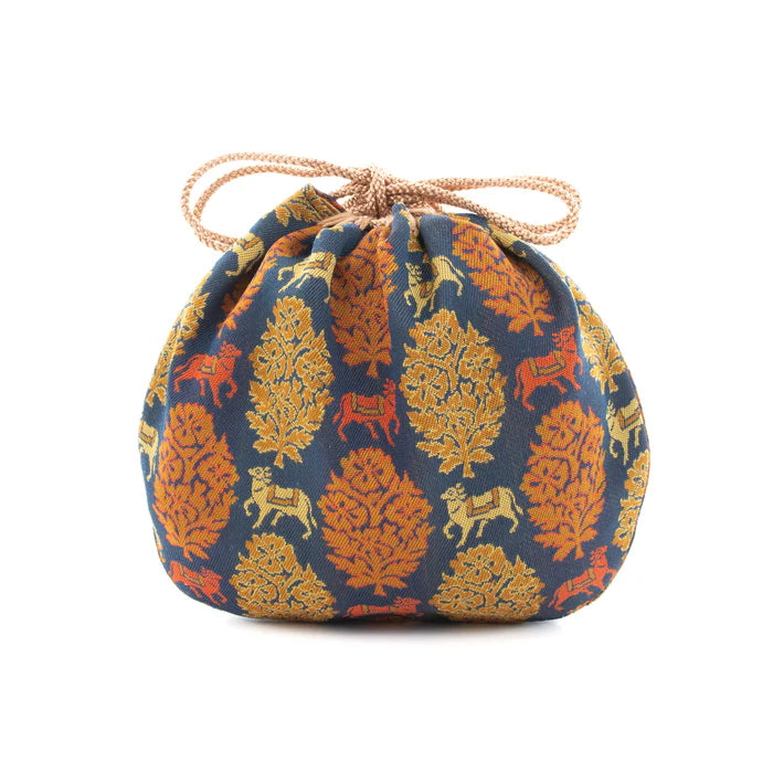 Nishijin-ori Small Drawstring Bag - Bull / Navy Blue -, Made in Kyoto, Japan, Japanese traditional craft purse