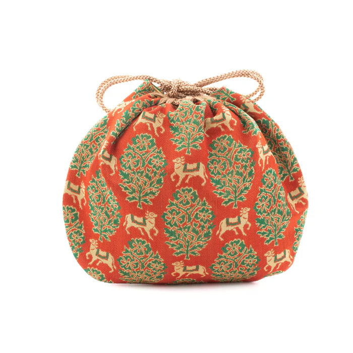Nishijin-ori Small Drawstring Bag - Bull / Red -, Made in Kyoto, Japan, Japanese traditional craft purse