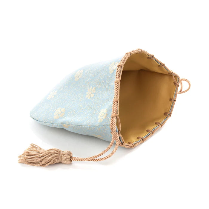 Nishijin-ori Small Drawstring Bag - Chrysanthemum and Peony Flowers / Blue -, Made in Kyoto, Japan, Japanese traditional craft purse