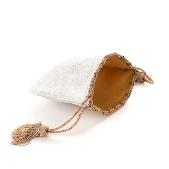 Nishijin-ori Small Drawstring Bag - Crumpled Pattern / Silver and White -, Made in Kyoto, Japan, Japanese traditional craft purse