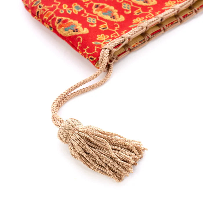 Nishijin-ori Small Drawstring Bag - Flower, Fruit, and Tree / Red -, Made in Kyoto, Japan, Japanese traditional craft purse