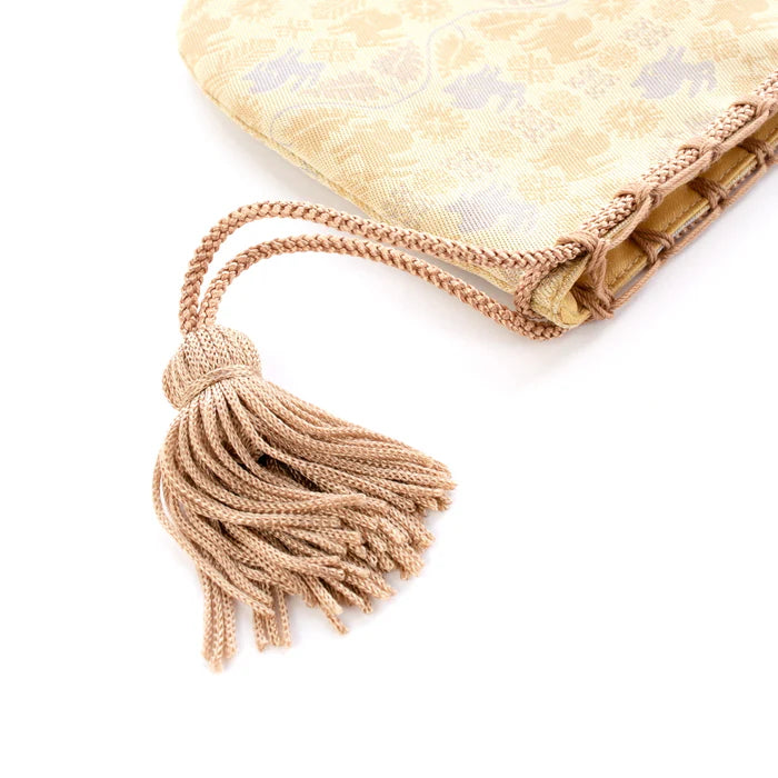 Nishijin-ori Small Drawstring Bag - Flower and Rabbit / Cream Yellow -, Made in Kyoto, Japan, Japanese traditional craft purse