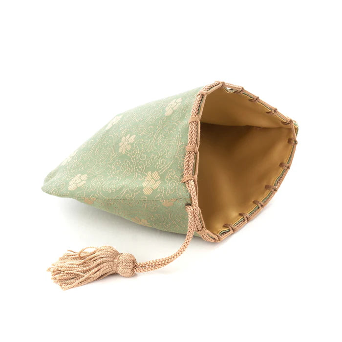 Nishijin-ori Small Drawstring Bag - Chrysanthemum and Peony Flowers / Green -, Made in Kyoto, Japan, Japanese traditional craft purse