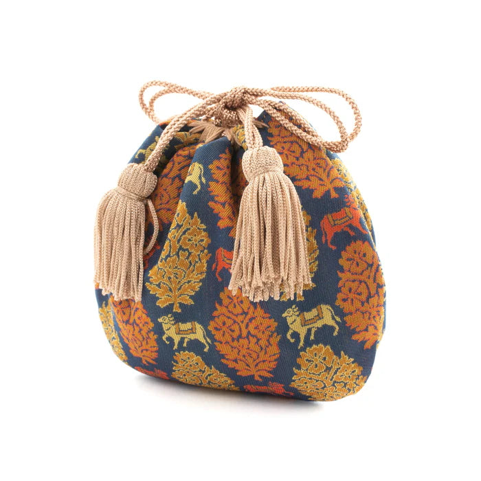 Nishijin-ori Small Drawstring Bag - Bull / Navy Blue -, Made in Kyoto, Japan, Japanese traditional craft purse