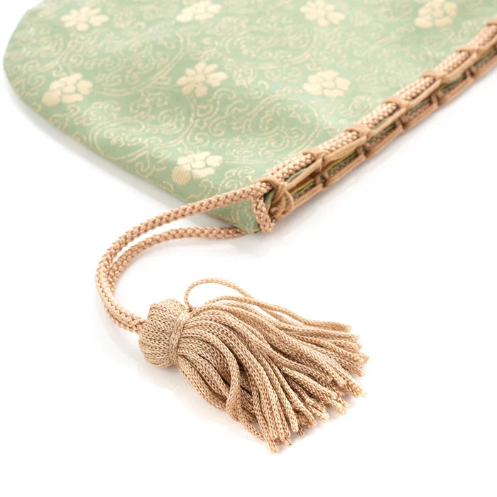 Nishijin-ori Small Drawstring Bag - Chrysanthemum and Peony Flowers / Green -, Made in Kyoto, Japan, Japanese traditional craft purse