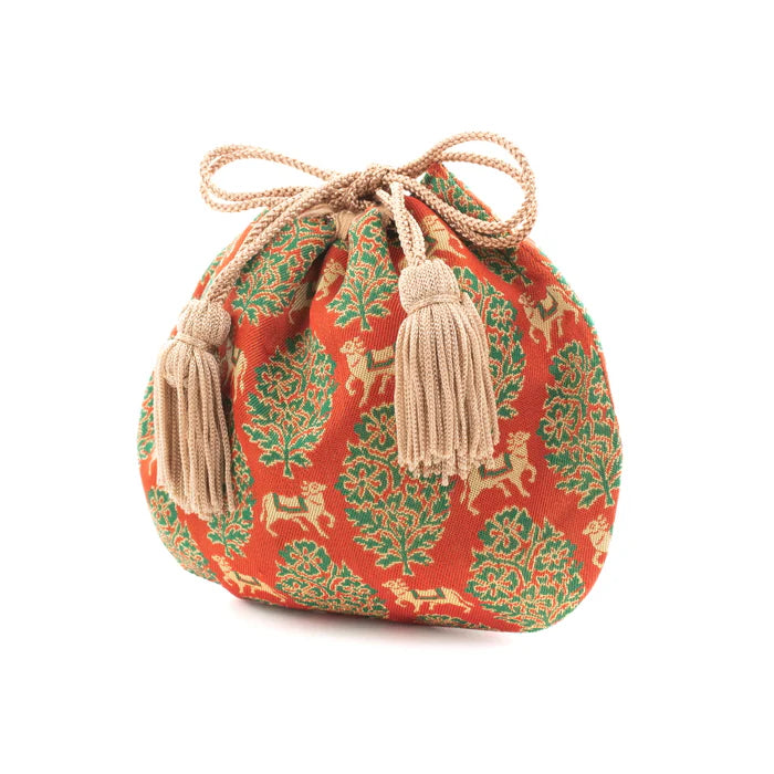 Nishijin-ori Small Drawstring Bag - Bull / Red -, Made in Kyoto, Japan, Japanese traditional craft purse