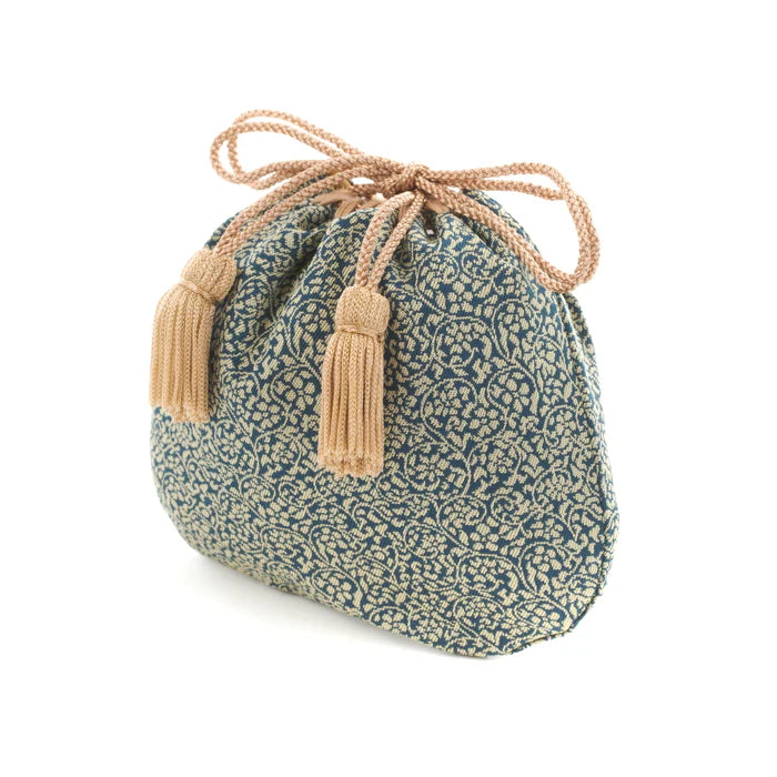Nishijin-ori Small Drawstring Bag - Flower and Arabesque Pattern / Navy Blue -, Made in Kyoto, Japan, Japanese traditional craft purse