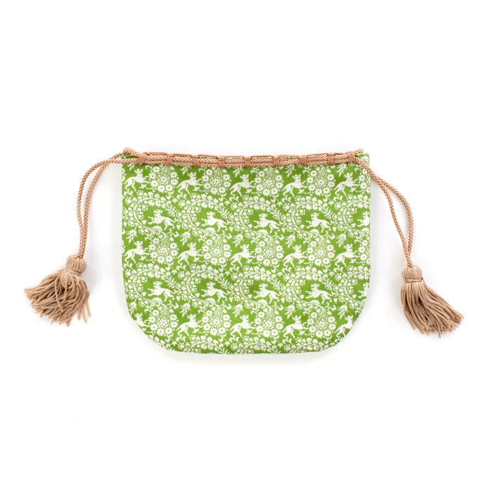 Nishijin-ori Small Drawstring Bag - Flower and Dog / Khaki Green -, Made in Kyoto, Japan, Japanese traditional craft purse