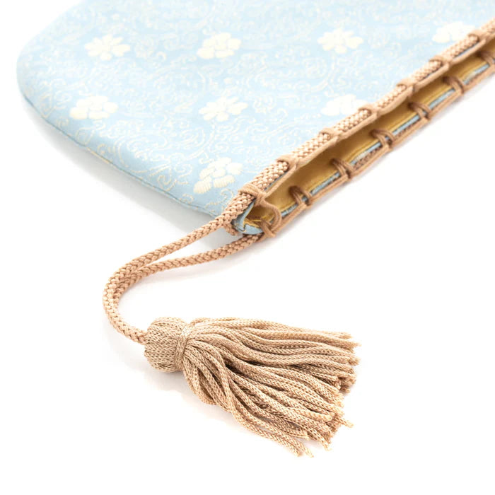 Nishijin-ori Small Drawstring Bag - Chrysanthemum and Peony Flowers / Blue -, Made in Kyoto, Japan, Japanese traditional craft purse