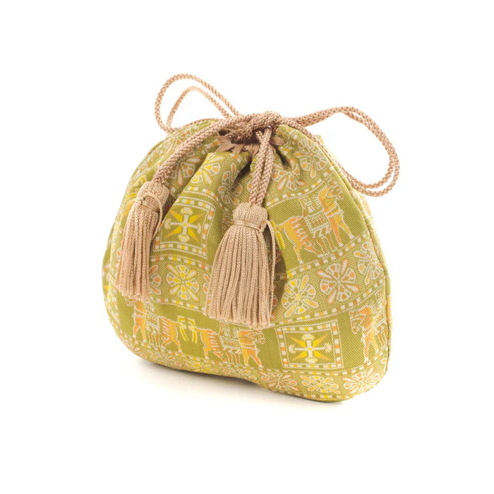 Nishijin-ori Small Drawstring Bag - Horse / Green -, Made in Kyoto, Japan, Japanese traditional craft purse