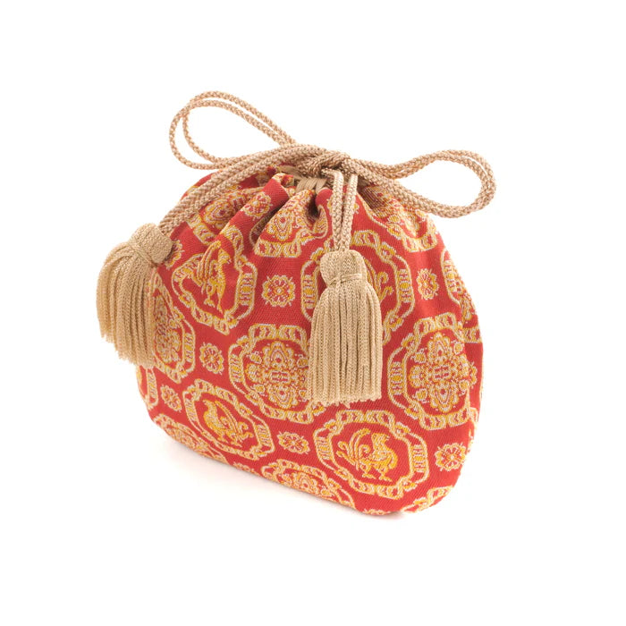 Nishijin-ori Small Drawstring Bag - Cock and Flower / Red -, Made in Kyoto, Japan, Japanese traditional craft purse
