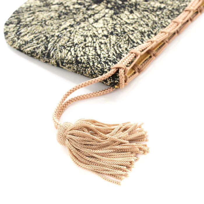 Nishijin-ori Small Drawstring Bag - Crumpled Pattern / Gold and Black -, Made in Kyoto, Japan, Japanese traditional craft purse