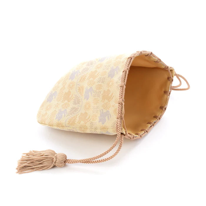 Nishijin-ori Small Drawstring Bag - Flower and Rabbit / Cream Yellow -, Made in Kyoto, Japan, Japanese traditional craft purse