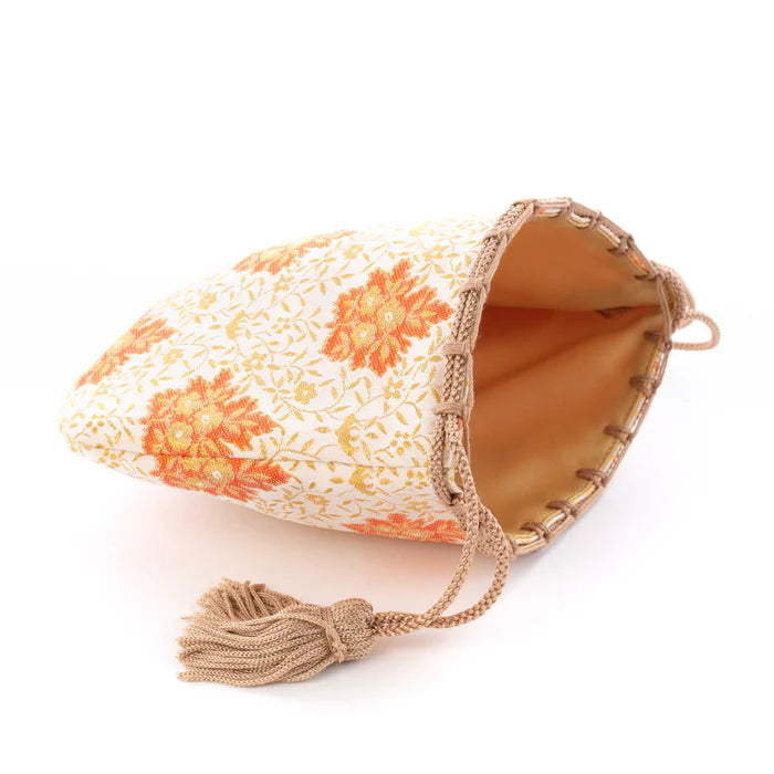 Nishijin-ori Small Drawstring Bag - Flower and Arabesque Pattern / White -, Made in Kyoto, Japan, Japanese traditional craft purse