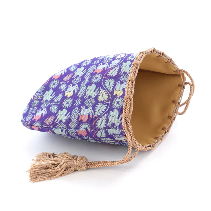 Nishijin-ori Small Drawstring Bag - Flower and Rabbit / Lapis Lazuli -, Made in Kyoto, Japan, Japanese traditional craft purse